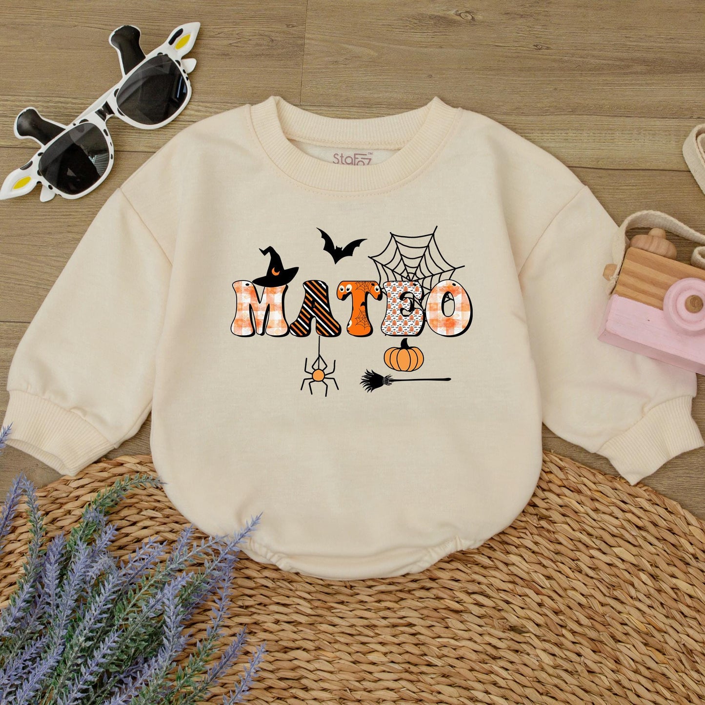 Personalized MATBO Halloween Baby Romper: Whimsical First Halloween Outfit for Baby, Custom Name Spooky Season Gift, Witch, Bat, and Pumpkin Design