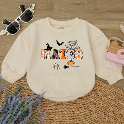 Personalized MATBO Halloween Baby Romper: Whimsical First Halloween Outfit for Baby, Custom Name Spooky Season Gift, Witch, Bat, and Pumpkin Design