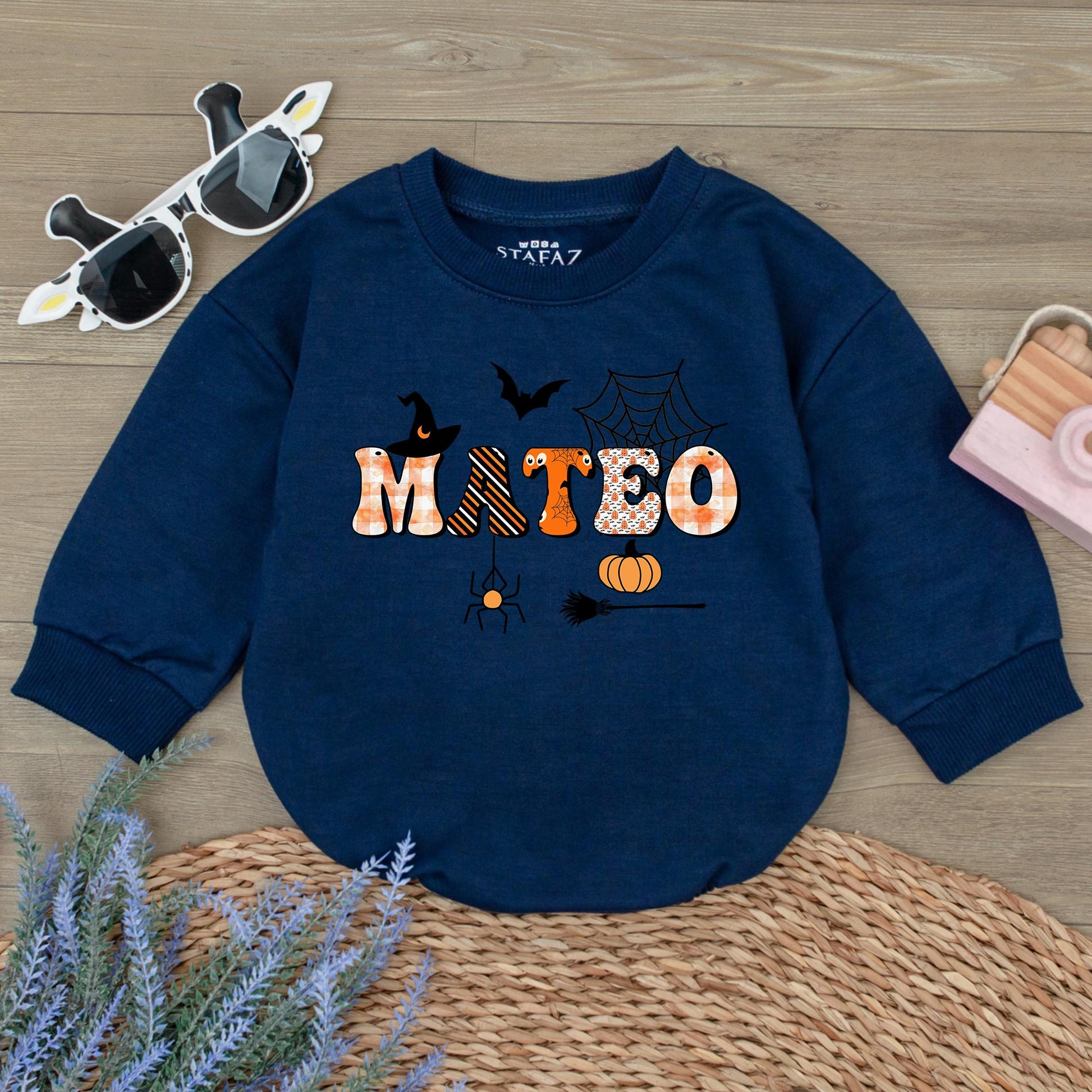Personalized MATBO Halloween Baby Romper: Whimsical First Halloween Outfit for Baby, Custom Name Spooky Season Gift, Witch, Bat, and Pumpkin Design