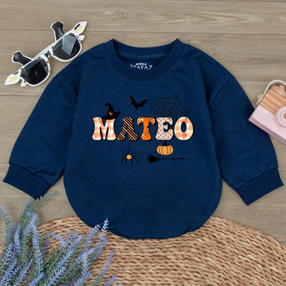 Personalized MATBO Halloween Baby Romper: Whimsical First Halloween Outfit for Baby, Custom Name Spooky Season Gift, Witch, Bat, and Pumpkin Design