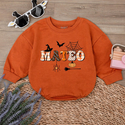 Personalized MATBO Halloween Baby Romper: Whimsical First Halloween Outfit for Baby, Custom Name Spooky Season Gift, Witch, Bat, and Pumpkin Design