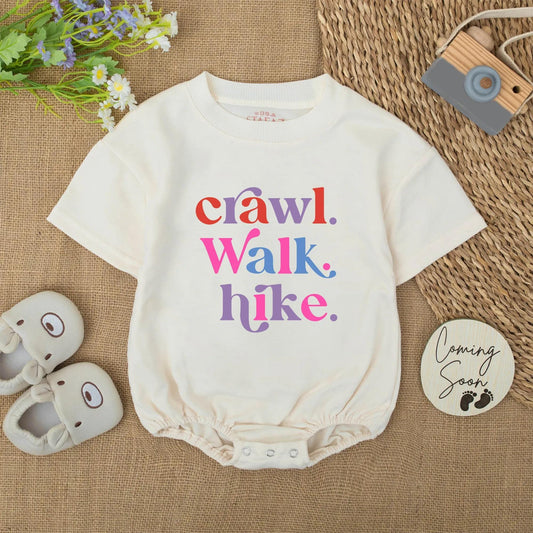 Crawl Walk Hike Baby Romper Bodysuit Funny Outdoorsy Infant Adventure Outfit Colorful Modern Playful Design Hiking Baby Shower Gift