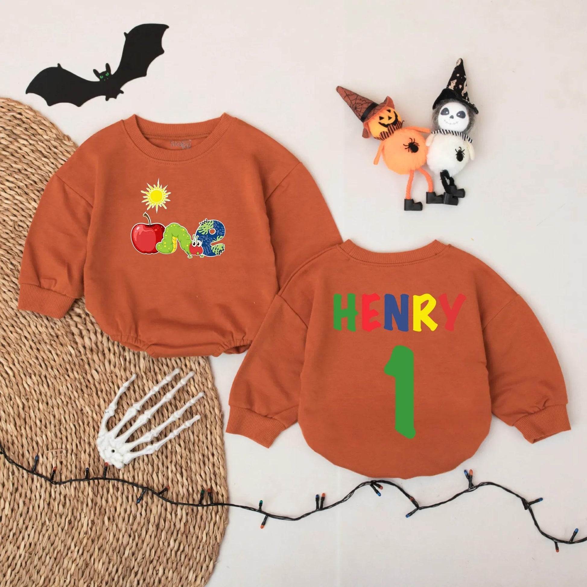 Personalized First Birthday Romper ONE Apple Caterpillar Outfit Custom Name Baby Boy Bodysuit Sun Graphic Playful Party Clothes Cute Toddler Gift