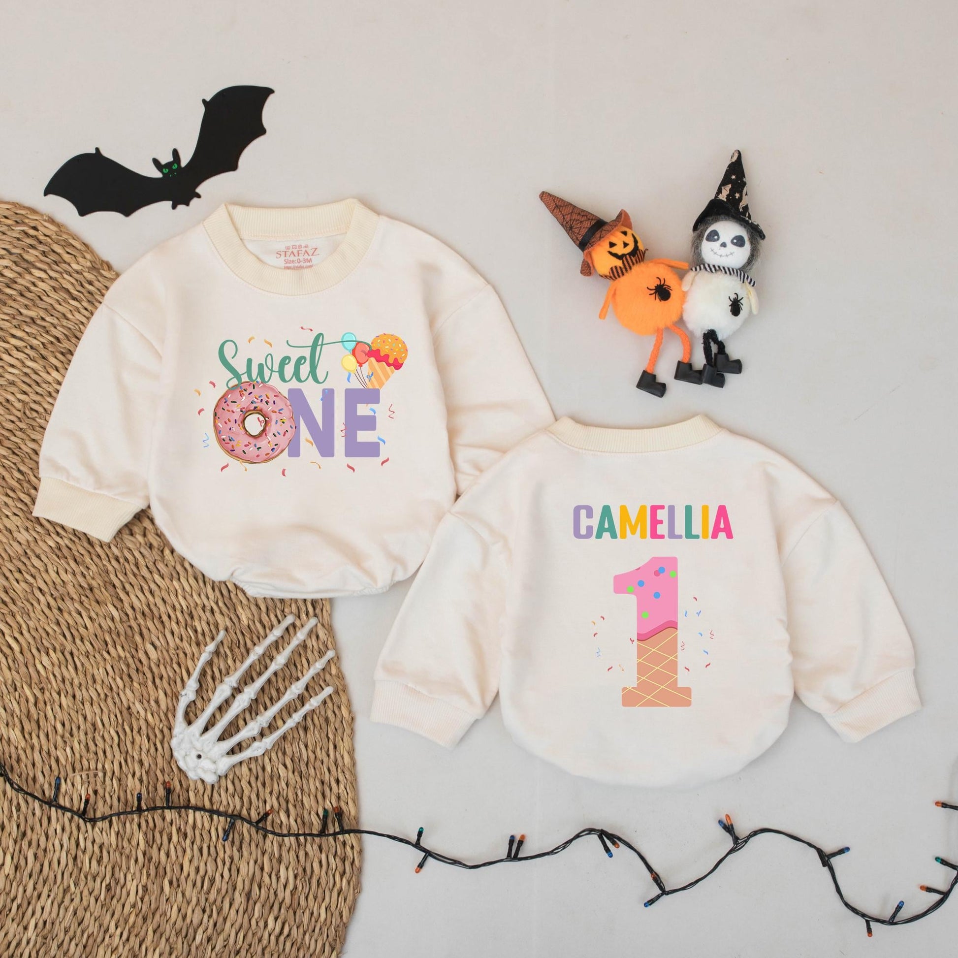 Sweet One Donut Ice Cream Romper for Baby Girl Personalized Camellia First Birthday Outfit
