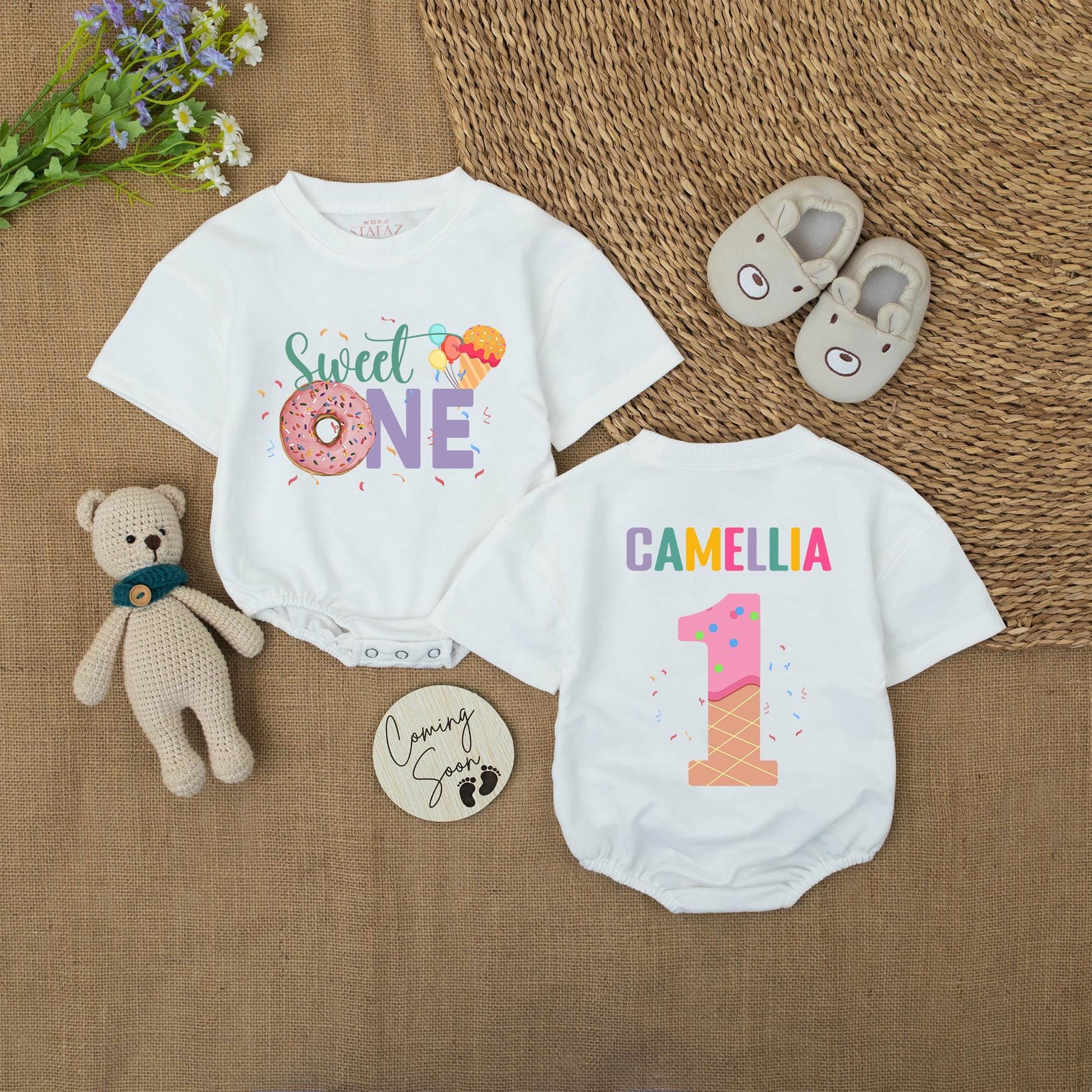 Sweet One Donut Ice Cream Romper for Baby Girl Personalized Camellia First Birthday Outfit