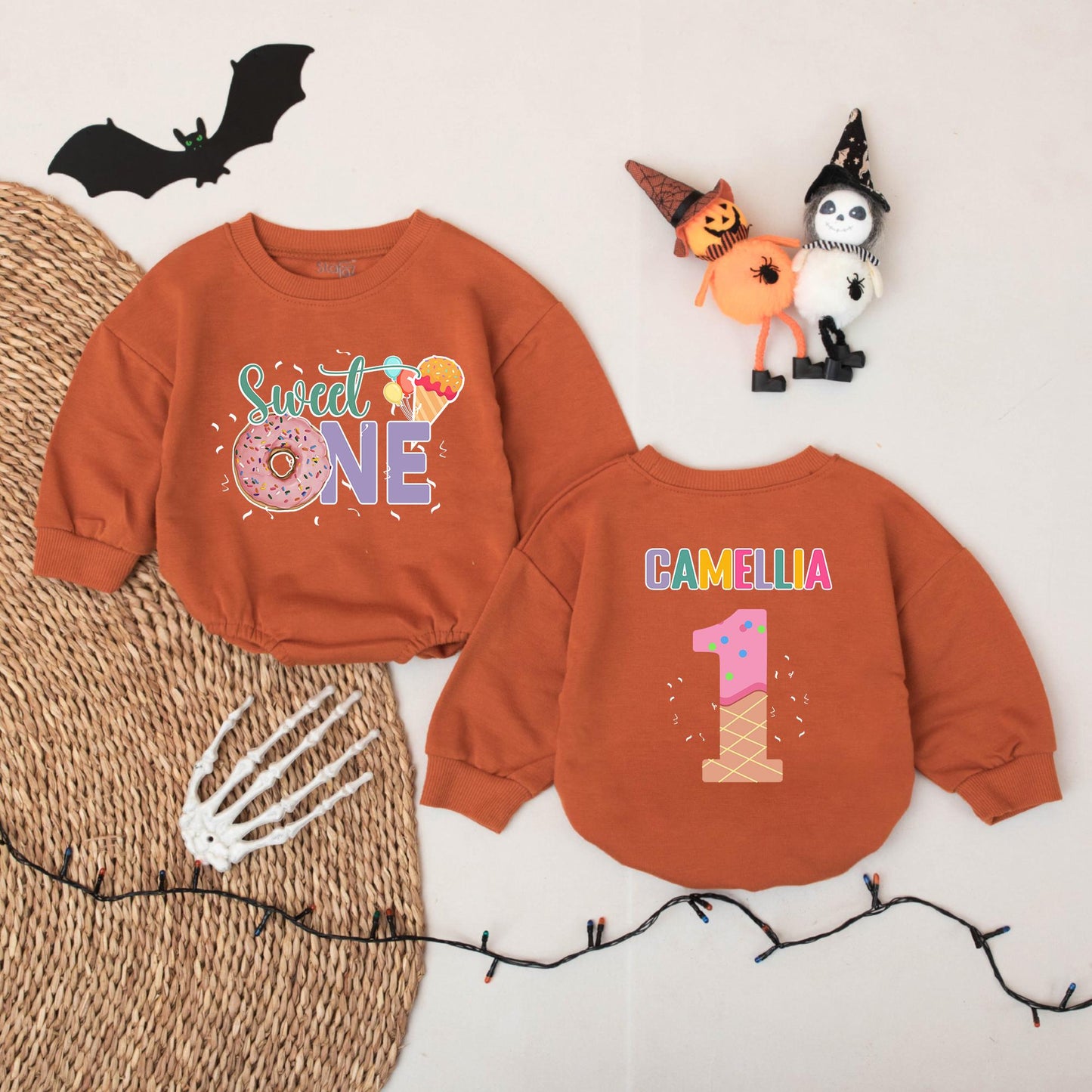Sweet One Donut Ice Cream Romper for Baby Girl Personalized Camellia First Birthday Outfit