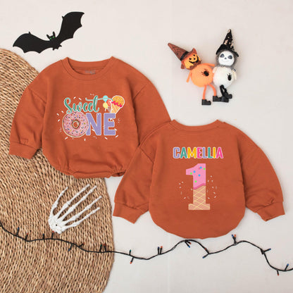 Sweet One Donut Ice Cream Romper for Baby Girl Personalized Camellia First Birthday Outfit