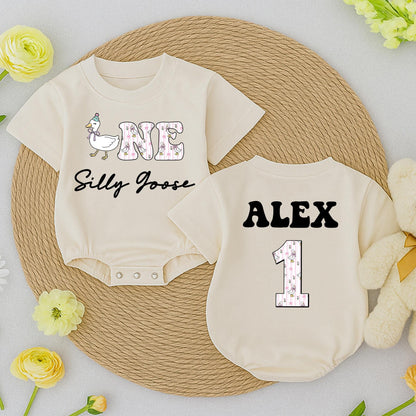 Personalized One Silly Goose Baby Romper First Birthday Outfit Pink Floral Whimsical Goose Bodysuit with Name Cute 1st Birthday Newborn Gift