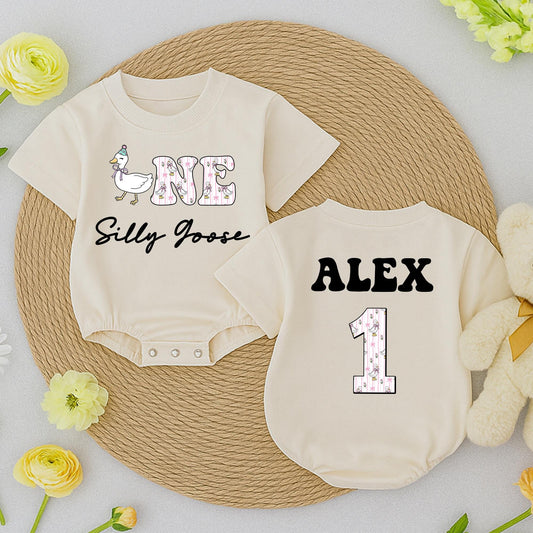 Personalized One Silly Goose Baby Romper First Birthday Outfit Pink Floral Whimsical Goose Bodysuit with Name Cute 1st Birthday Newborn Gift