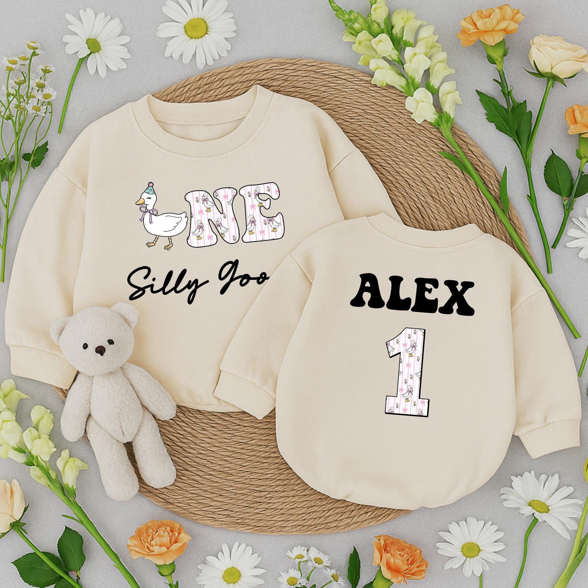 Personalized One Silly Goose Baby Romper First Birthday Outfit Pink Floral Whimsical Goose Bodysuit with Name Cute 1st Birthday Newborn Gift