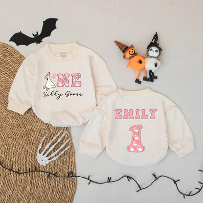 Personalized Silly Goose Birthday Romper ONE Baby Girl Outfit Custom Name 1st Birthday Bodysuit Cute Goose Party First Birthday Outfit Gift 137
