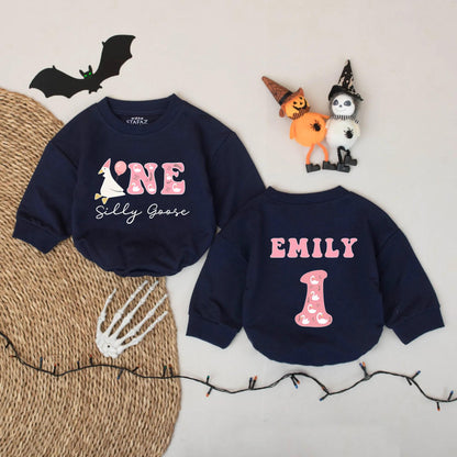 Personalized Silly Goose Birthday Romper ONE Baby Girl Outfit Custom Name 1st Birthday Bodysuit Cute Goose Party First Birthday Outfit Gift 137