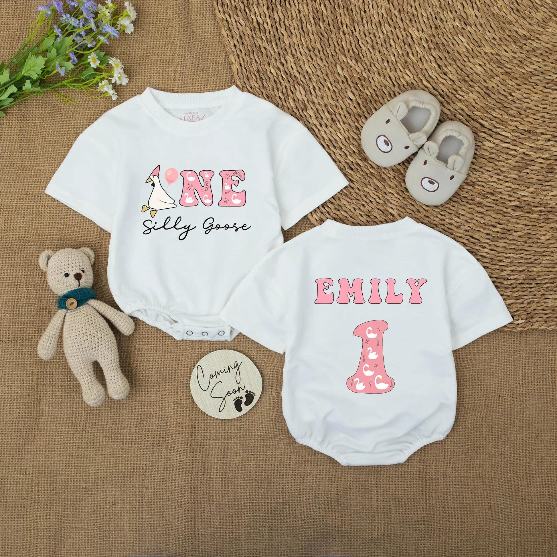 Personalized Silly Goose Birthday Romper ONE Baby Girl Outfit Custom Name 1st Birthday Bodysuit Cute Goose Party First Birthday Outfit Gift 137