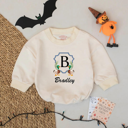 Personalized Baby Romper with Cute Duck Design and Initial B - Custom Bradley Name Outfit for Infant Boy Shower Gift, Soft Cotton Bodysuit, 135 chars