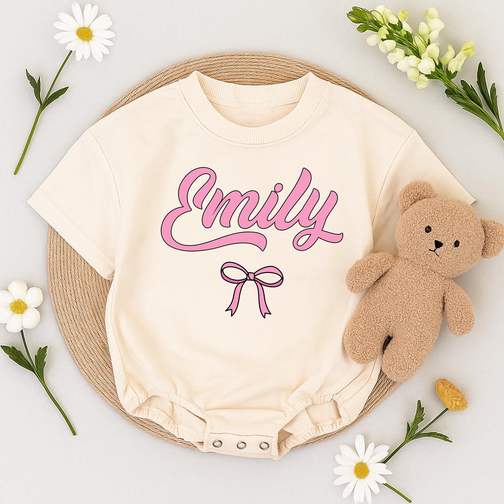 Emily's Bow Romper: Personalized Baby Girl Outfit, Cute Pink Bubble Letter Custom Newborn Take Home Gift, Infant Shower Present 1st Birthday Romper