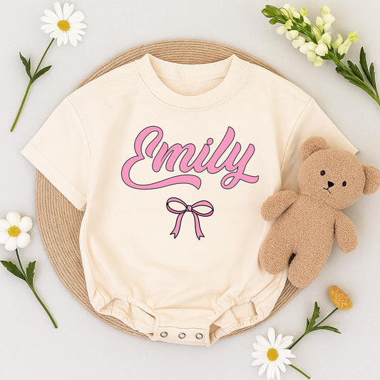 Emily's Bow Romper: Personalized Baby Girl Outfit, Cute Pink Bubble Letter Custom Newborn Take Home Gift, Infant Shower Present 1st Birthday Romper