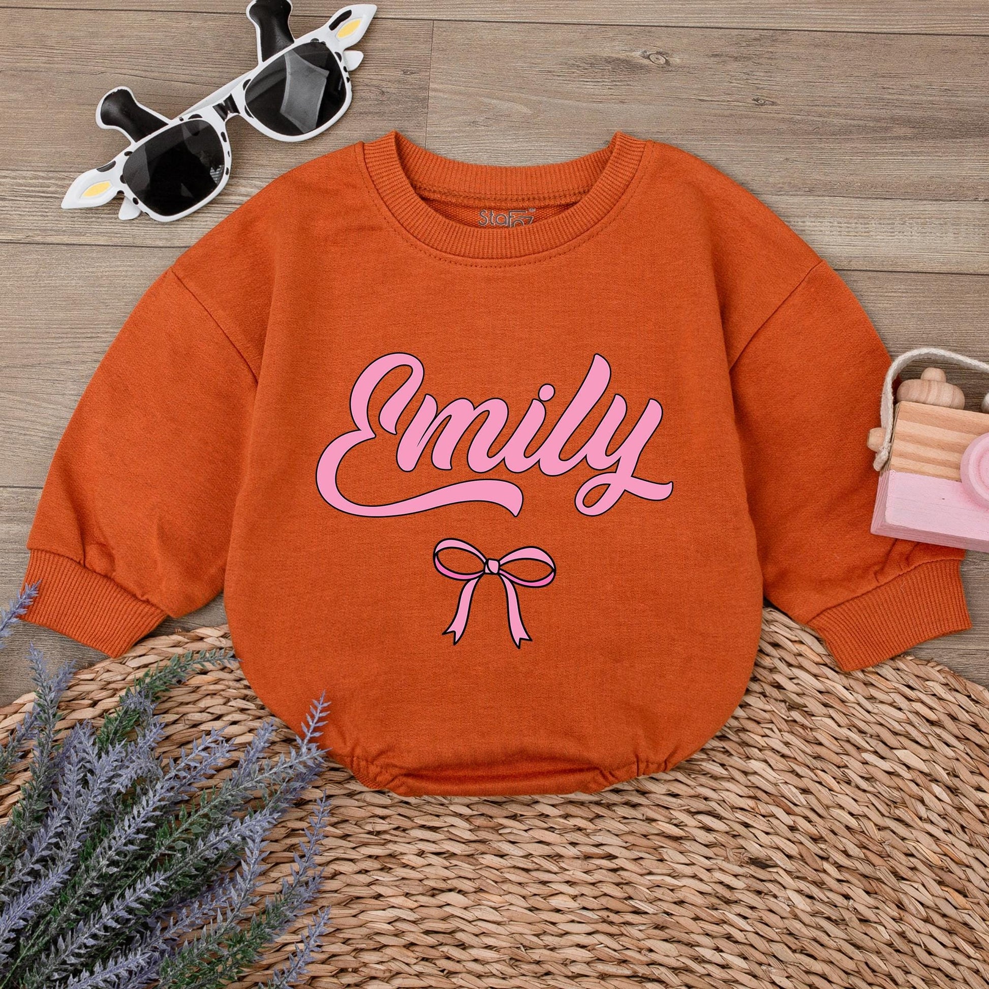 Emily's Bow Romper: Personalized Baby Girl Outfit, Cute Pink Bubble Letter Custom Newborn Take Home Gift, Infant Shower Present 1st Birthday Romper
