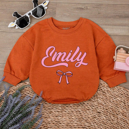 Emily's Bow Romper: Personalized Baby Girl Outfit, Cute Pink Bubble Letter Custom Newborn Take Home Gift, Infant Shower Present 1st Birthday Romper