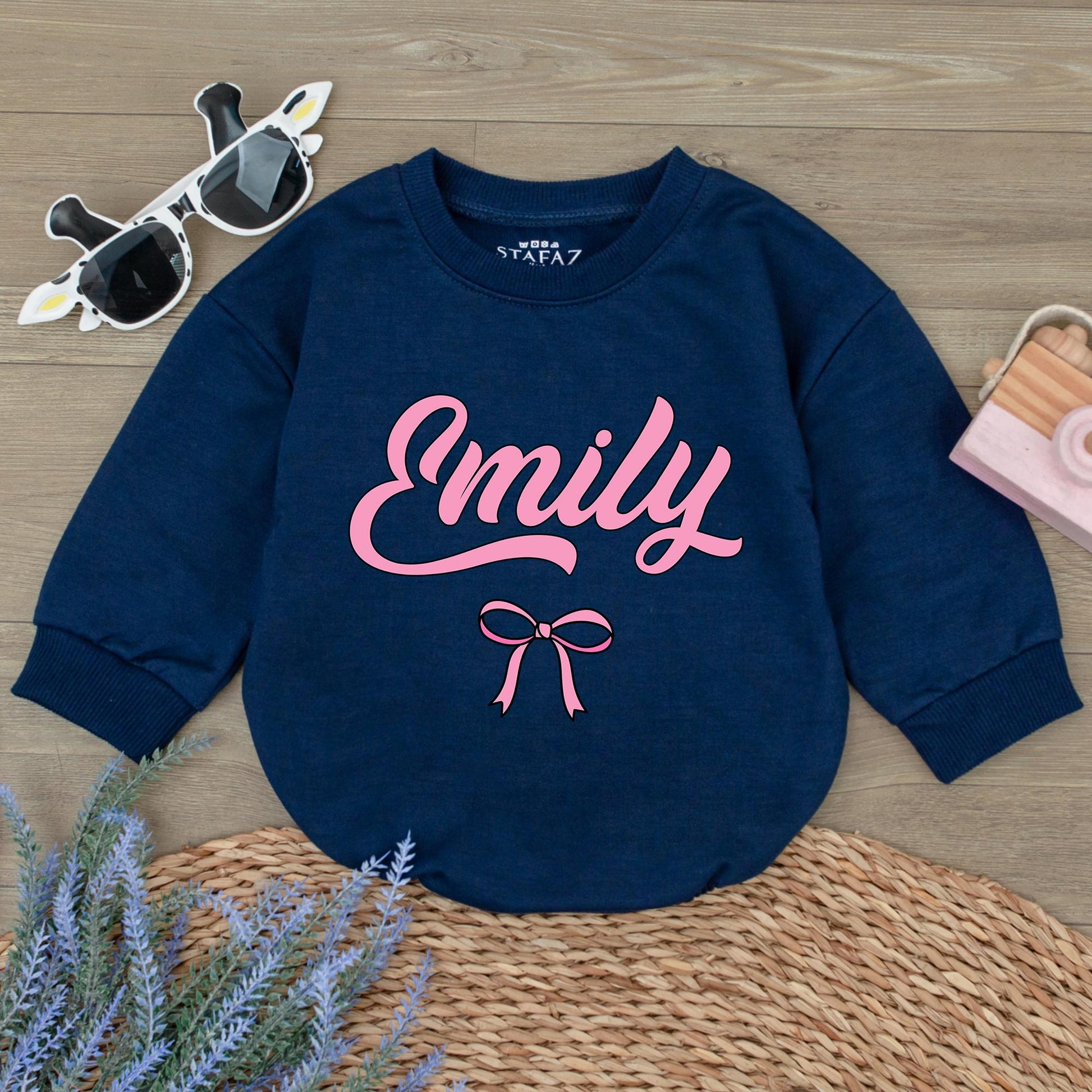 Emily's Bow Romper: Personalized Baby Girl Outfit, Cute Pink Bubble Letter Custom Newborn Take Home Gift, Infant Shower Present 1st Birthday Romper