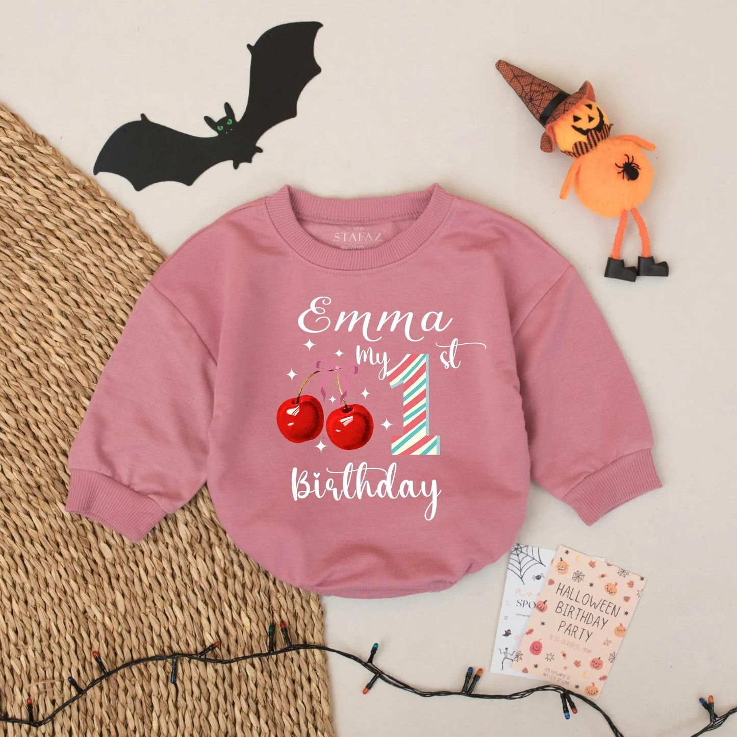 Emma's 1st Birthday Cherry Romper Baby Girl Red Blue Stripes Custom Name Party Outfit