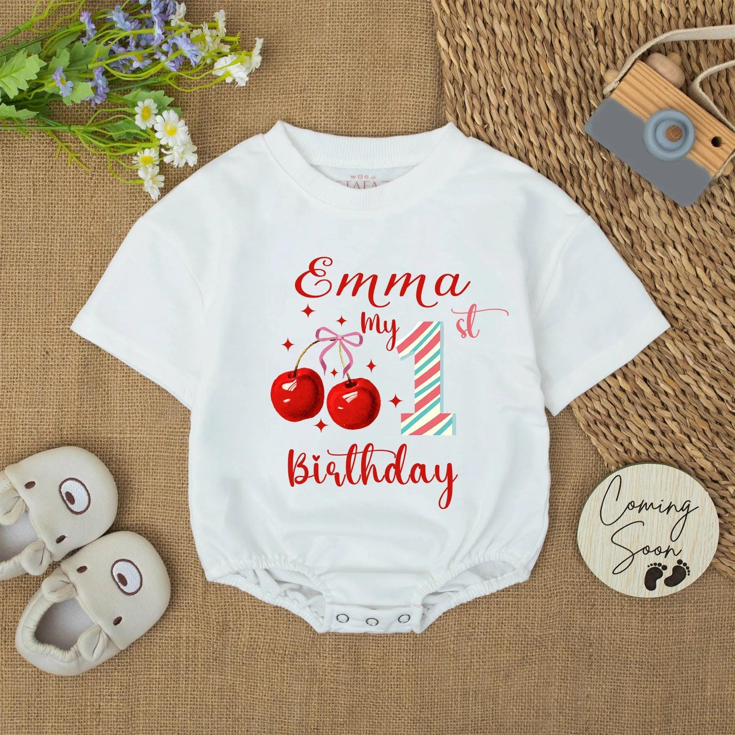 Emma's 1st Birthday Cherry Romper Baby Girl Red Blue Stripes Custom Name Party Outfit