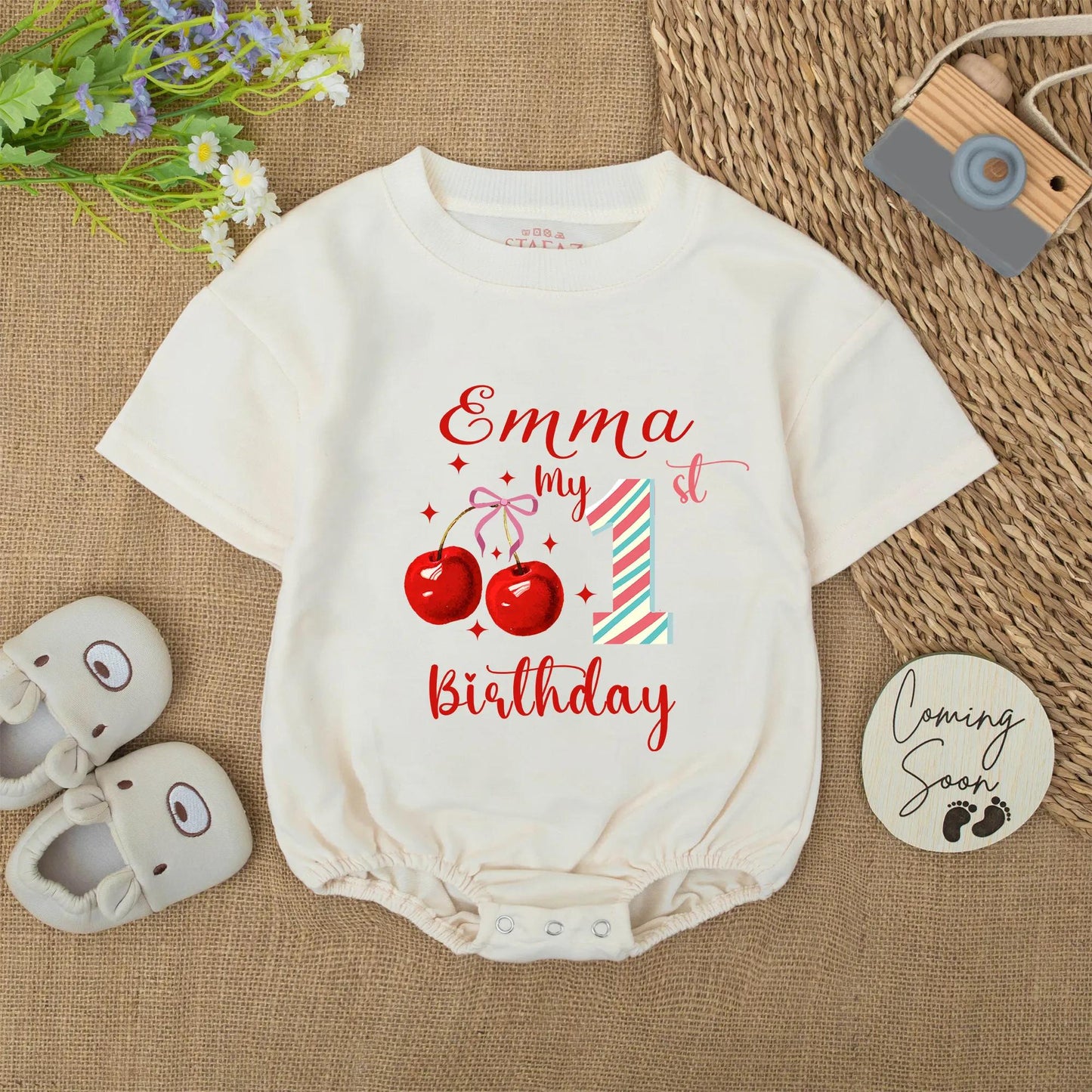 Emma's 1st Birthday Cherry Romper Baby Girl Red Blue Stripes Custom Name Party Outfit