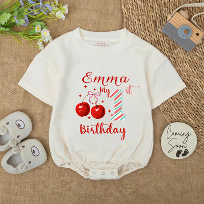 Emma's 1st Birthday Cherry Romper Baby Girl Red Blue Stripes Custom Name Party Outfit