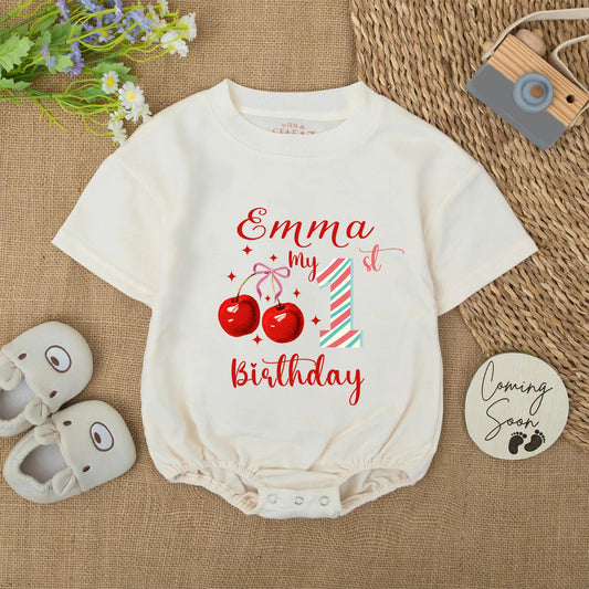 Emma's 1st Birthday Cherry Romper Baby Girl Red Blue Stripes Custom Name Party Outfit