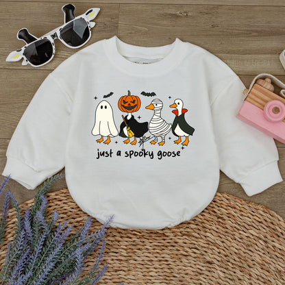 Spooky Goose Romper Sweatshirt Funny Halloween Baby Outfit Just a Spooky Goose Baby Clothes Fall Baby Gift Cute & Playful Ghost Witch Mummy Vampire Design