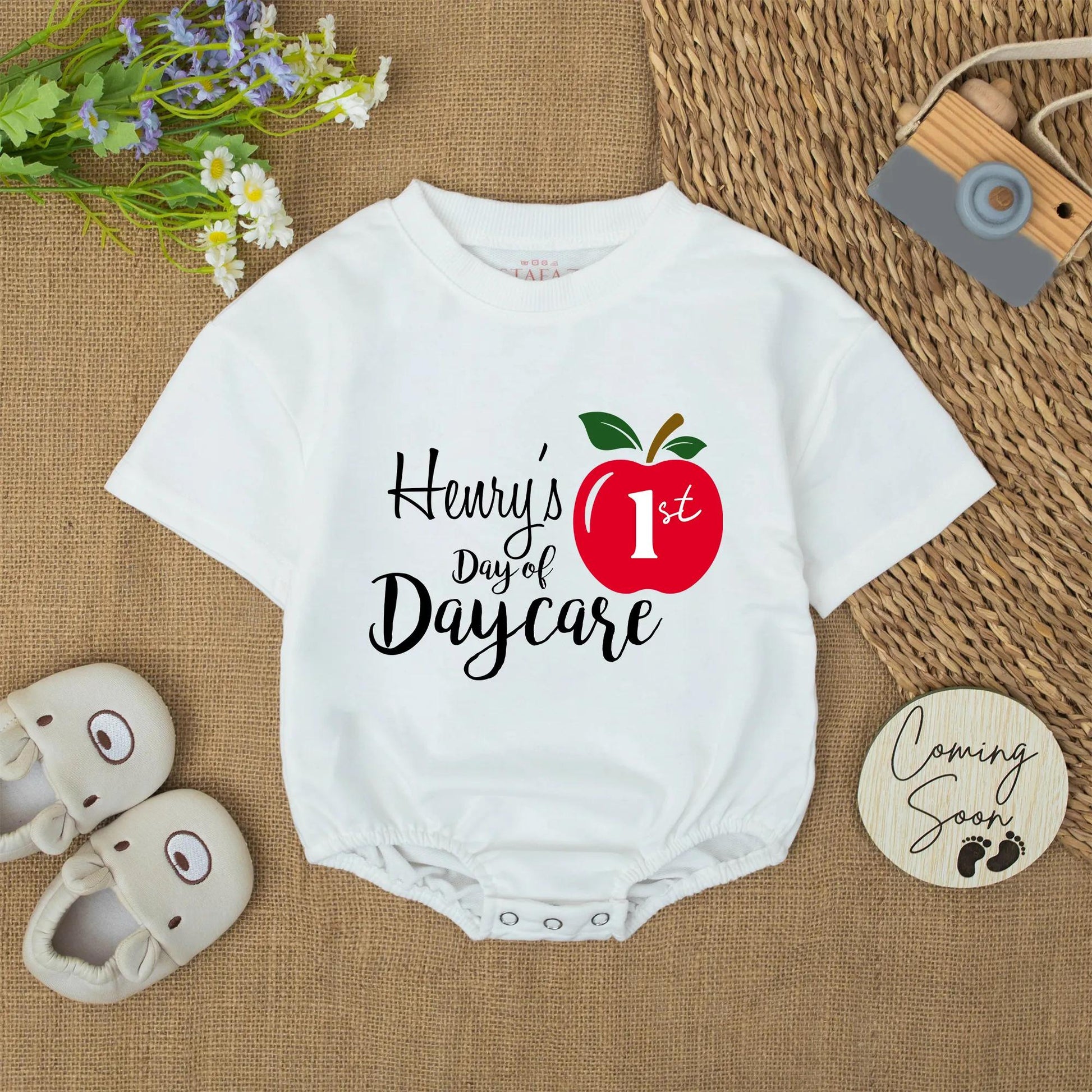 Custom Henry's Day of Daycare Apple 1st Birthday Outfit Baby Boy Romper Personalized Preschool Gift Back to School Onesie Fall