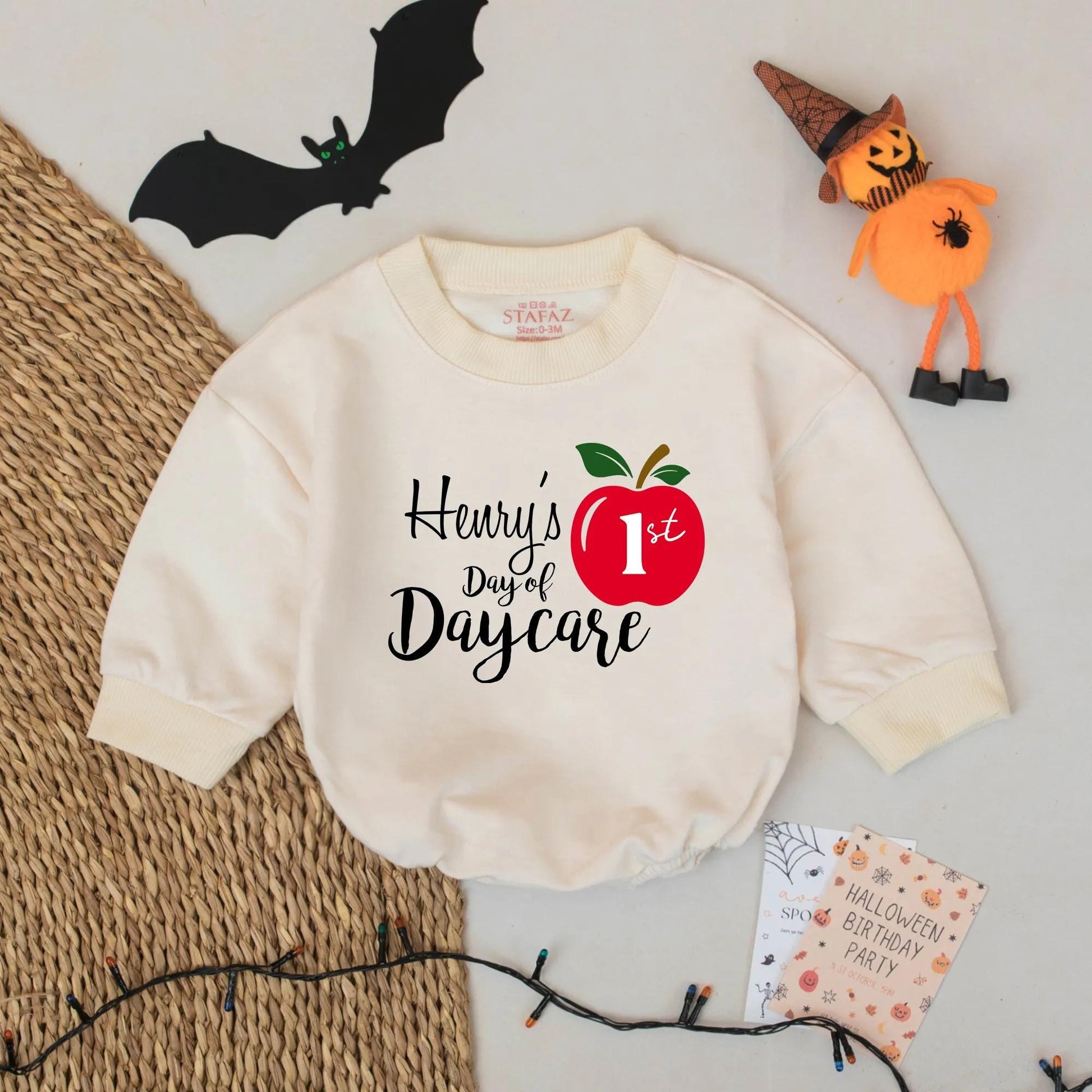 Custom Henry's Day of Daycare Apple 1st Birthday Outfit Baby Boy Romper Personalized Preschool Gift Back to School Onesie Fall