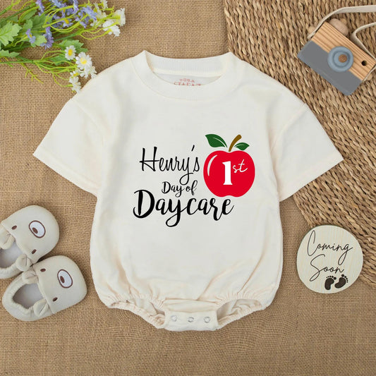 Custom Henry's Day of Daycare Apple 1st Birthday Outfit Baby Boy Romper Personalized Preschool Gift Back to School Onesie Fall