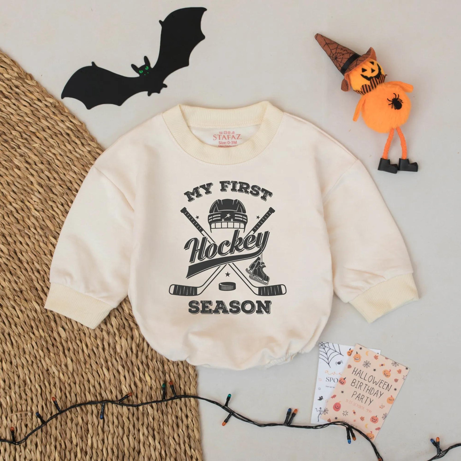 My First Hockey Season Baby Bodysuit: Vintage-Style Newborn Outfit with Helmet, Sticks & Skates Graphic, Cute Winter Romper, Unique Hockey Baby Shower Gift (137 chars)