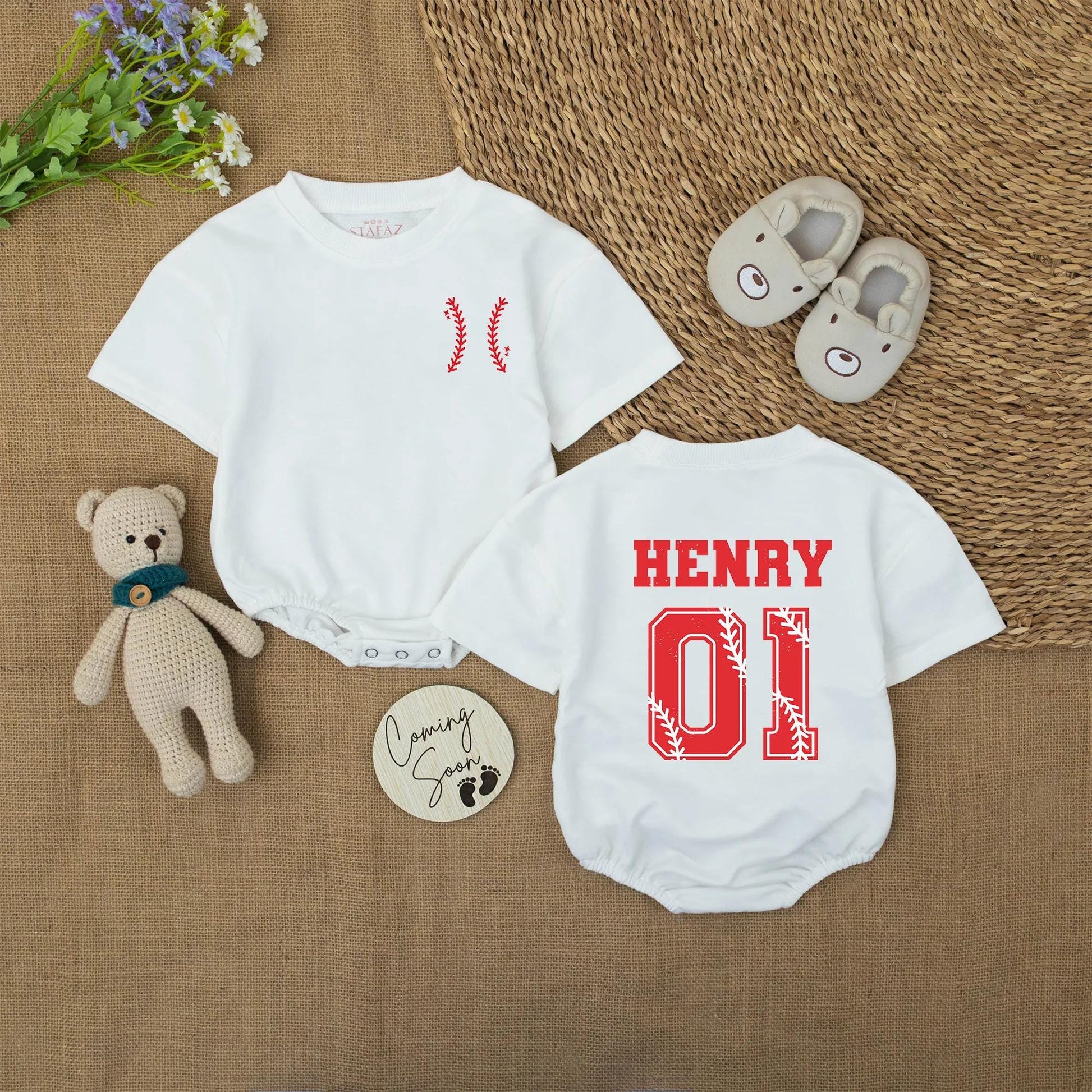 Personalized Baseball Baby Romper, Custom Name & Number Onesie, Sporty 1st Birthday Outfit, Red Stitch Jersey Bodysuit, Classic Americana Gift 133