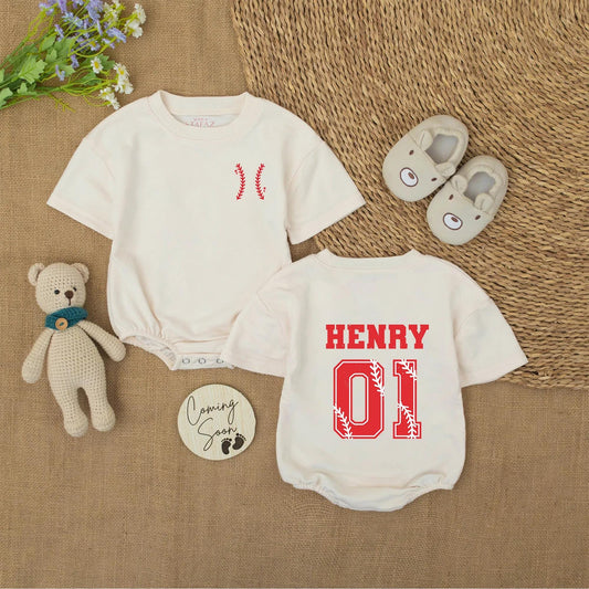 Personalized Baseball Baby Romper, Custom Name & Number Onesie, Sporty 1st Birthday Outfit, Red Stitch Jersey Bodysuit, Classic Americana Gift 133
