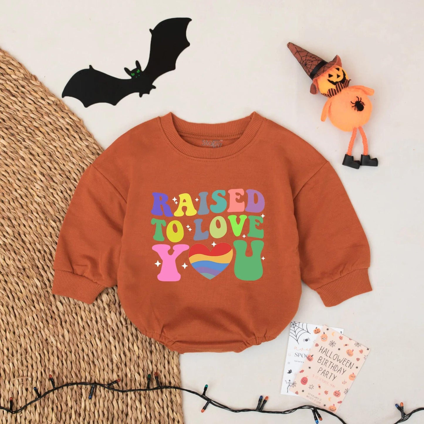 Raised to Love You Baby Romper, Rainbow Pride Bodysuit Outfit for Baby, Colorful Retro Infant Clothes, Love Wins Baby Shower Gift, Inclusive Stars (140)