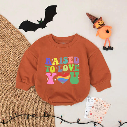Raised to Love You Baby Romper, Rainbow Pride Bodysuit Outfit for Baby, Colorful Retro Infant Clothes, Love Wins Baby Shower Gift, Inclusive Stars (140)