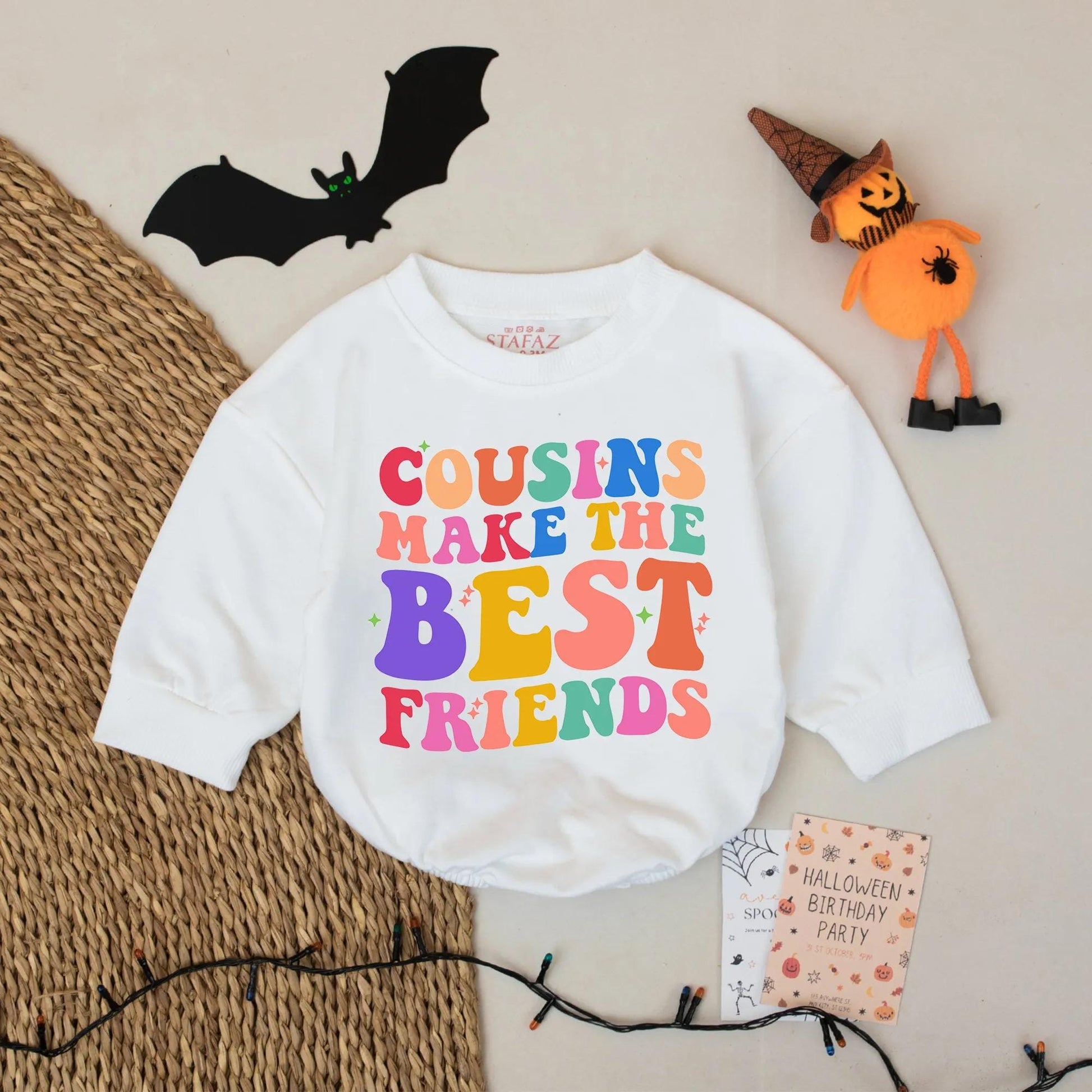 Cousins Make The Best Friends Romper: Retro Rainbow Baby Outfit, Colorful Starburst Design, Whimsical Toddler Clothes, Baby Shower Gift Idea 139 Chars