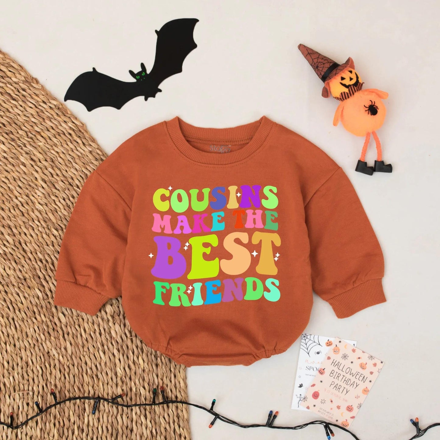 Cousins Make The Best Friends Romper: Retro Rainbow Baby Outfit, Colorful Starburst Design, Whimsical Toddler Clothes, Baby Shower Gift Idea 139 Chars
