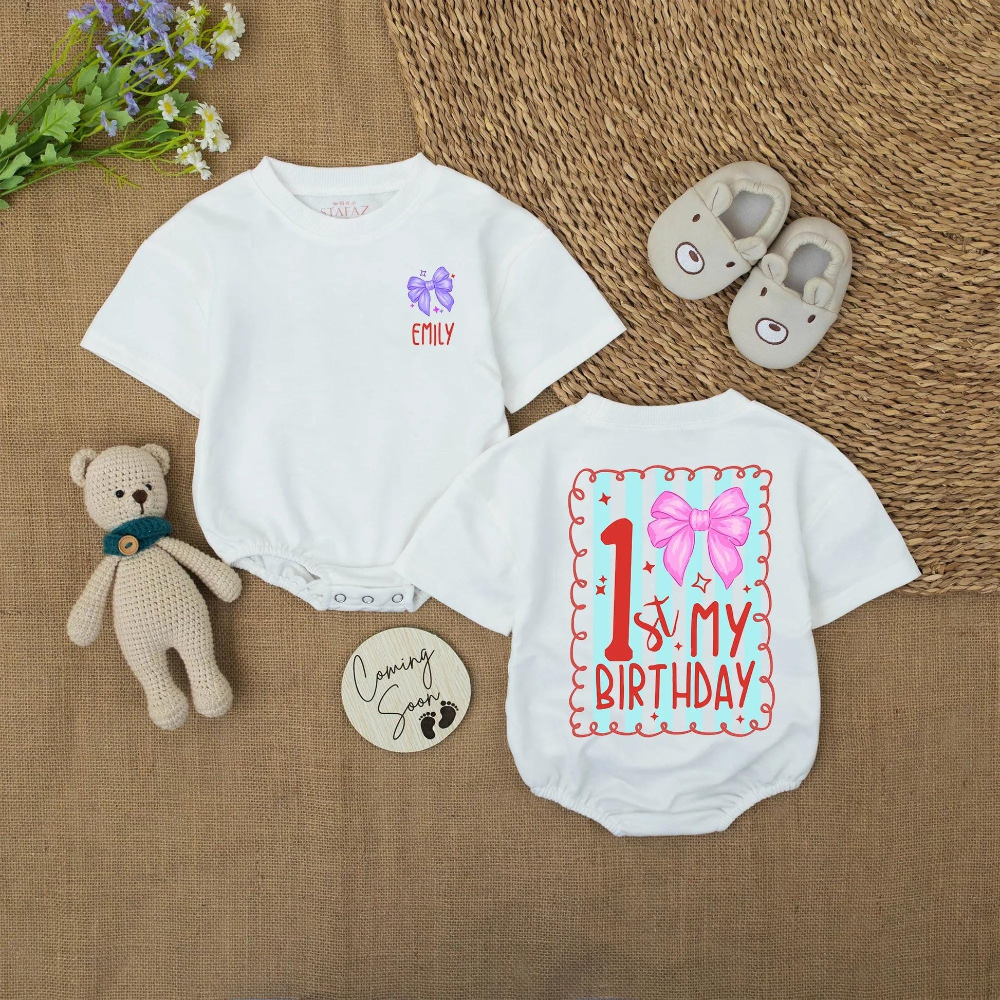 Custom 1st Birthday Girl Onesie with Pink Bow & Name | Baby Party Outfit | Red Stripe Design Bodysuit