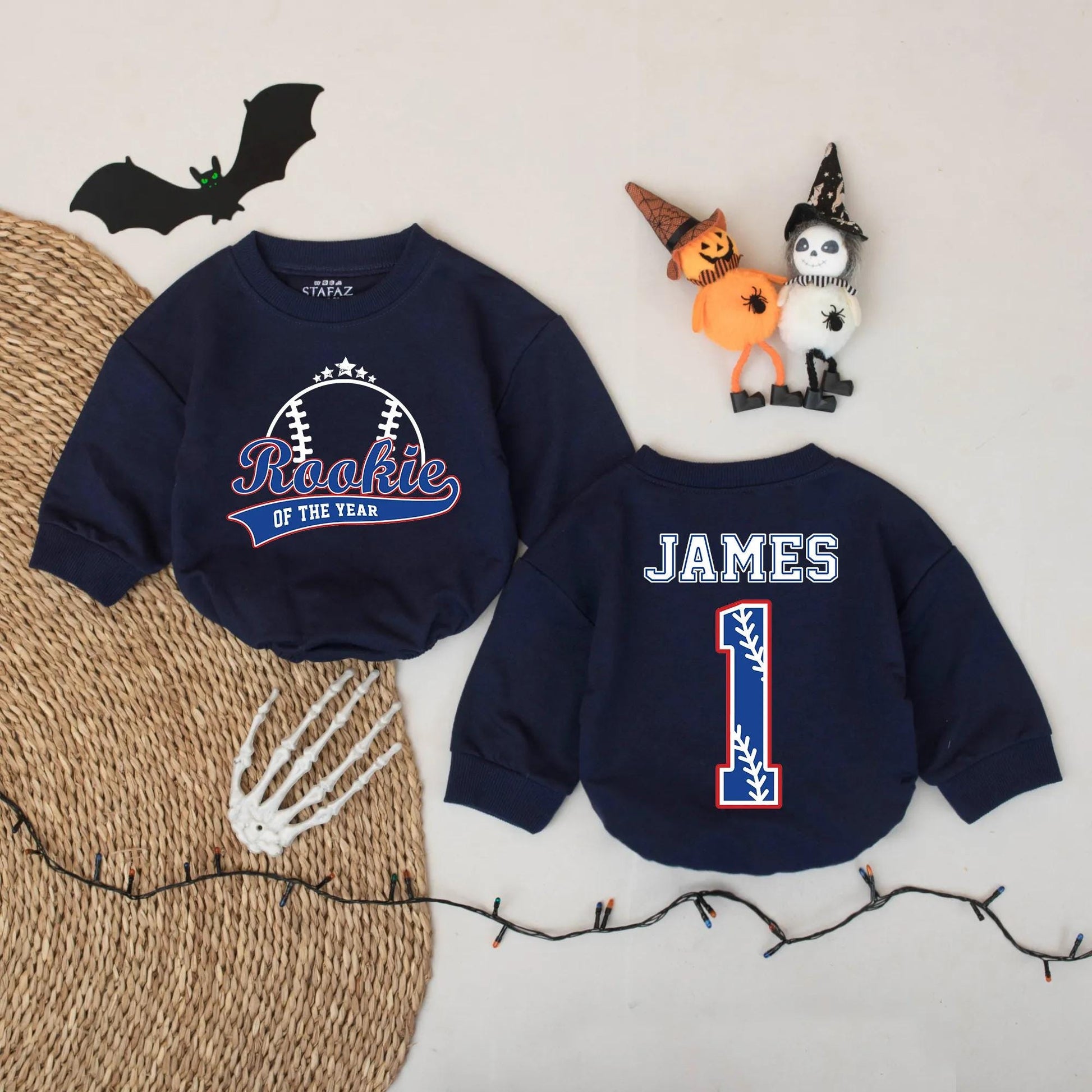 Rookie Of The Year Baseball Romper Custom Name James Number 1 Blue Red Outline Infant Outfit Baby Shower Gift