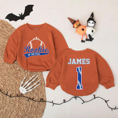 Rookie Of The Year Baseball Romper Custom Name James Number 1 Blue Red Outline Infant Outfit Baby Shower Gift