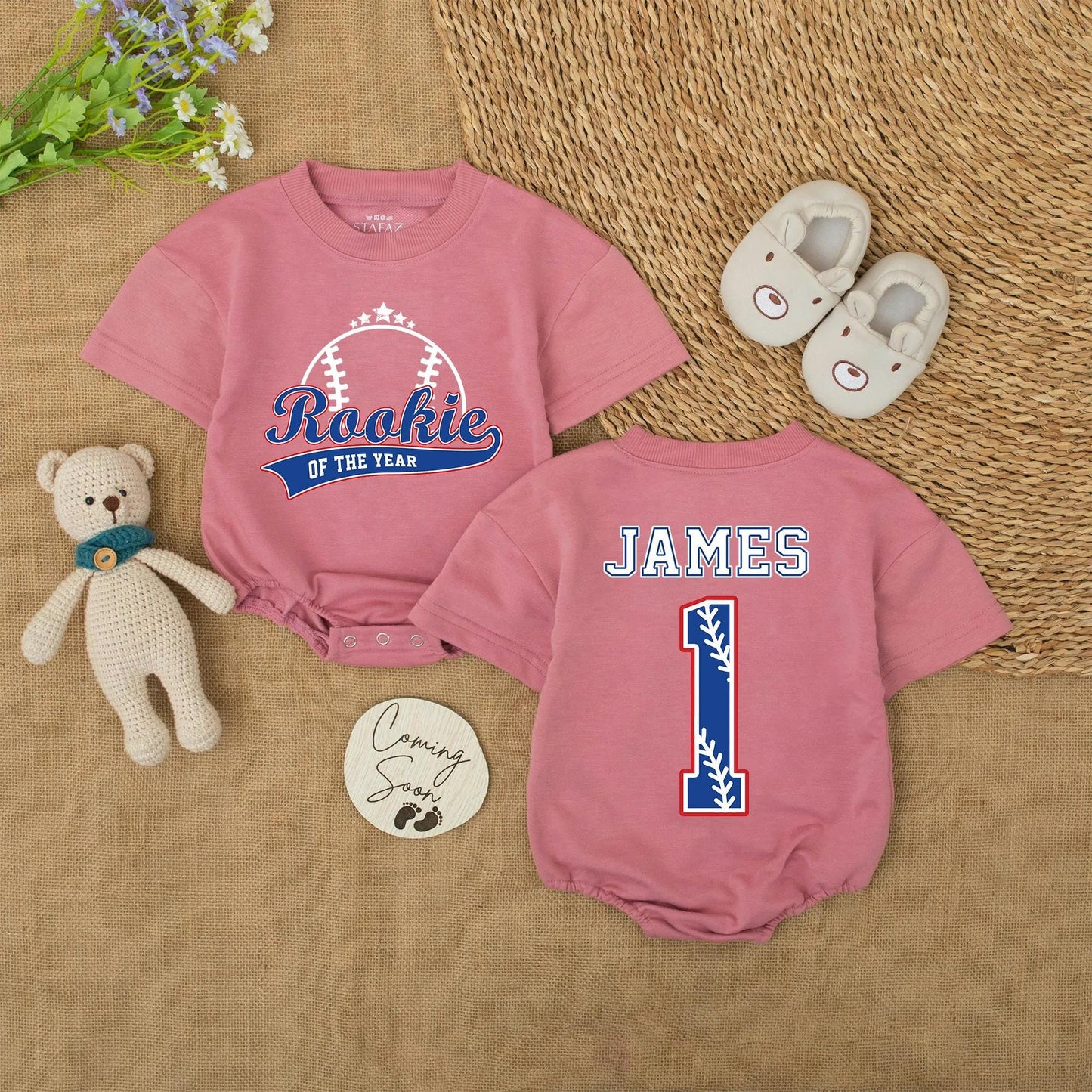 Rookie Of The Year Baseball Romper Custom Name James Number 1 Blue Red Outline Infant Outfit Baby Shower Gift