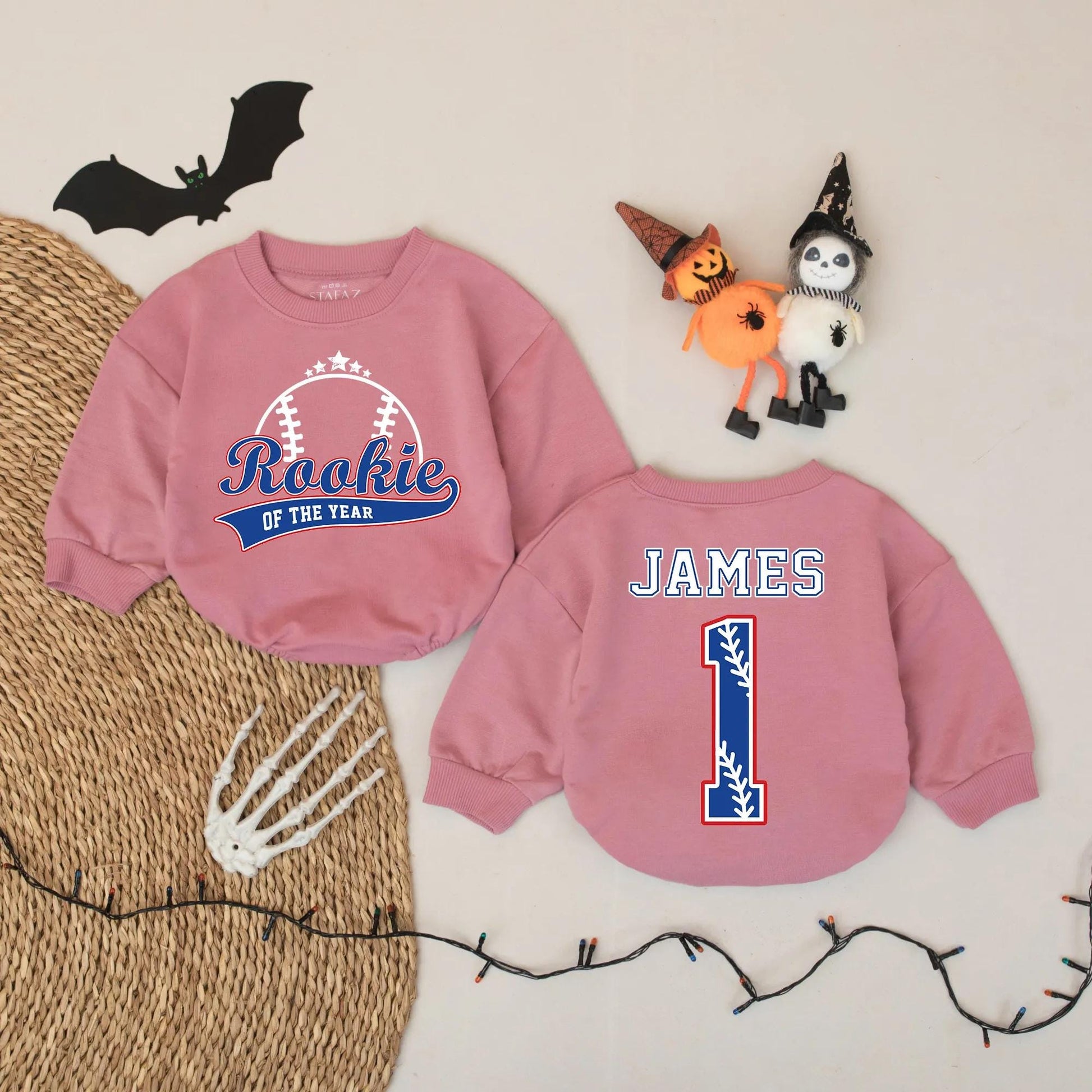 Rookie Of The Year Baseball Romper Custom Name James Number 1 Blue Red Outline Infant Outfit Baby Shower Gift