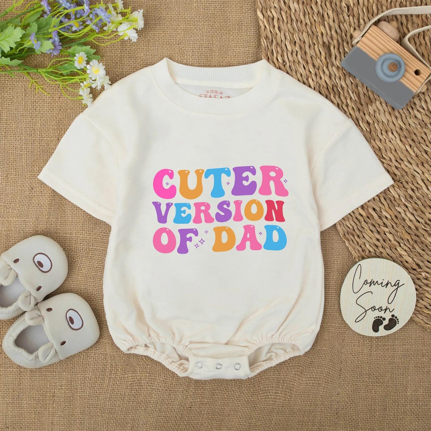 Cuter Version of Dad Baby Romper - Retro Colorful Infant Bodysuit, Funny Newborn Outfit, Daddy's Mini Me Gift, Star Design, Unique Baby Shower Gift - 139 chars