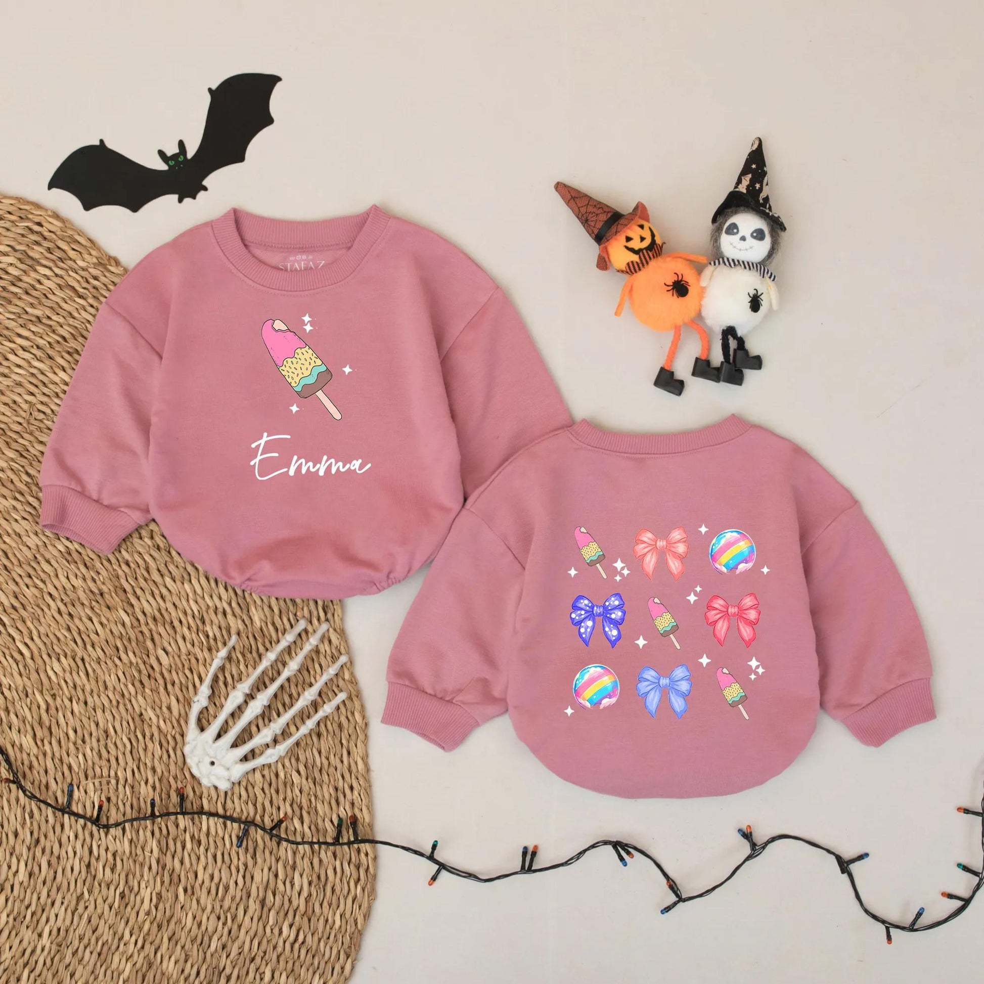Emma's Sweet Treat Romper: Custom Name Ice Cream Popsicles & Bows Baby Girl Onesie, Cute Pastel Colors Summer Outfit, Personalized Infant Bodysuit Gift