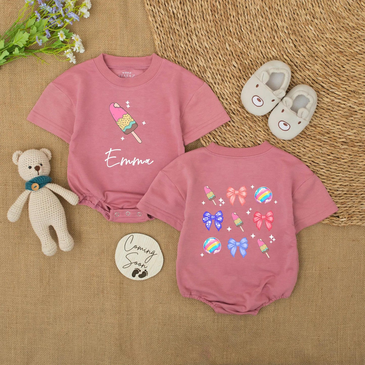 Emma's Sweet Treat Romper: Custom Name Ice Cream Popsicles & Bows Baby Girl Onesie, Cute Pastel Colors Summer Outfit, Personalized Infant Bodysuit Gift