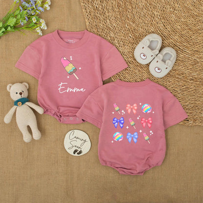 Emma's Sweet Treat Romper: Custom Name Ice Cream Popsicles & Bows Baby Girl Onesie, Cute Pastel Colors Summer Outfit, Personalized Infant Bodysuit Gift