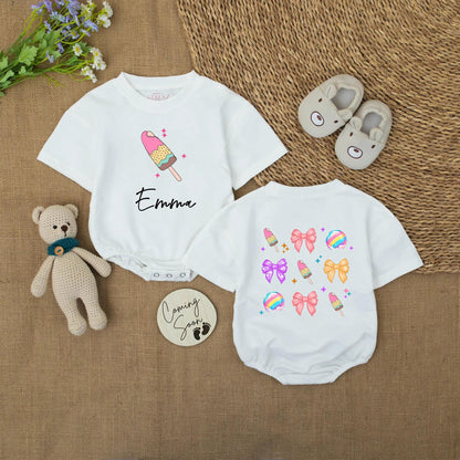 Emma's Sweet Treat Romper: Custom Name Ice Cream Popsicles & Bows Baby Girl Onesie, Cute Pastel Colors Summer Outfit, Personalized Infant Bodysuit Gift