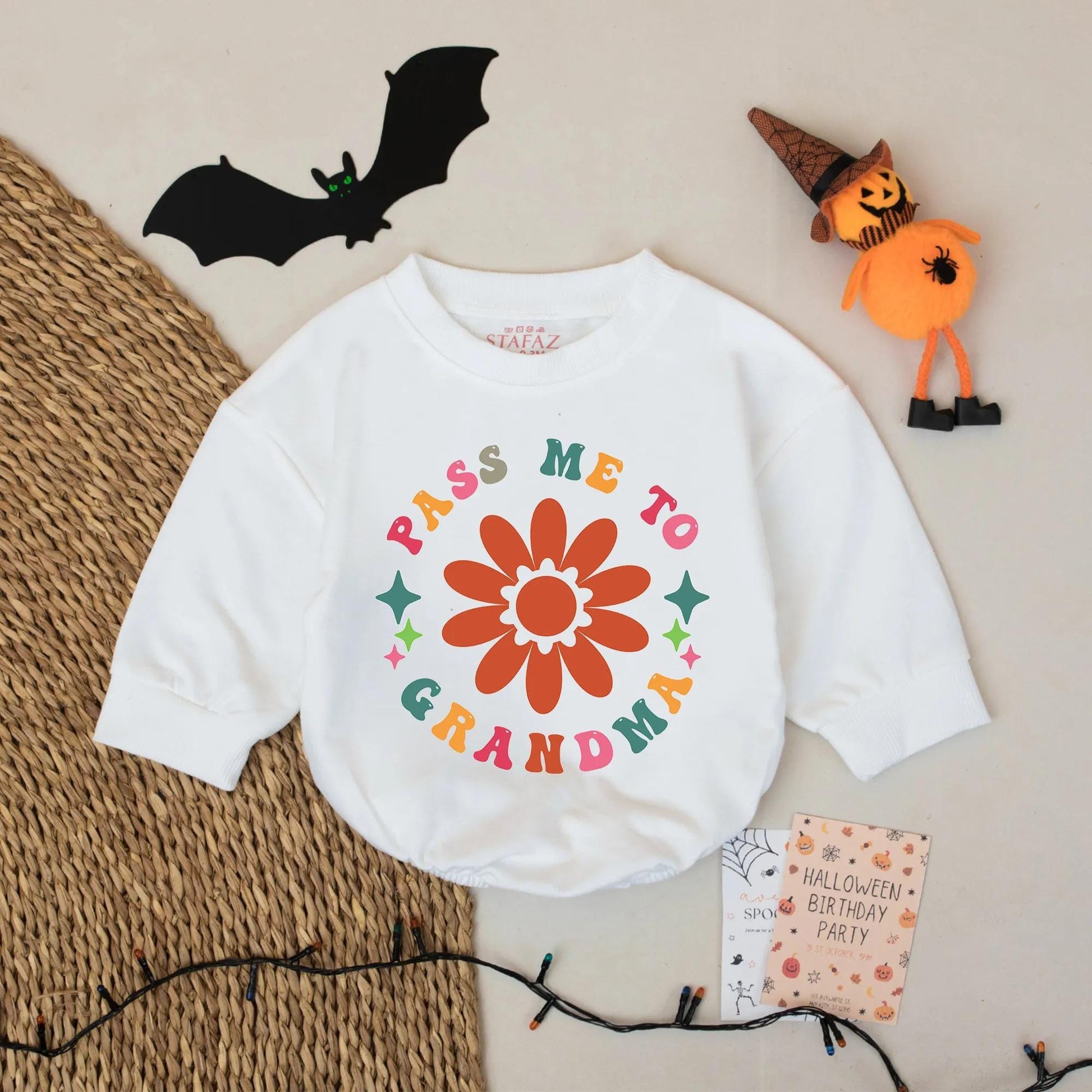 Retro Pass Me to Grandma Baby Romper Cute Floral Outfit with Pink Orange Green Blue Colors Infant Bodysuit for Grandma Gift Baby Shower